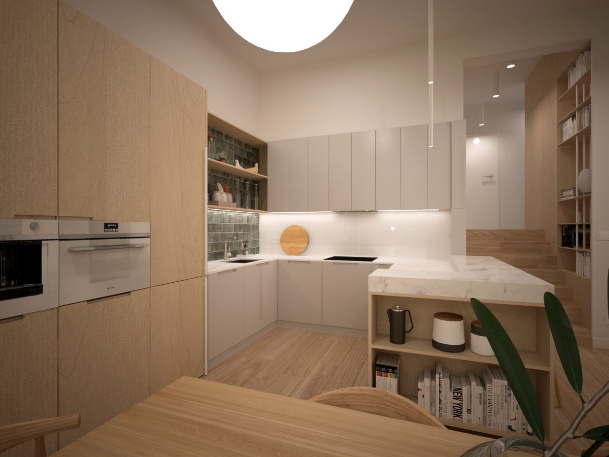 Kuchnia została oddzielona od jadalni wyspą z regałem na książki. Zaś wysoka zabudowa z witryną, jest łącznikiem pomiędzy tymi strefami.