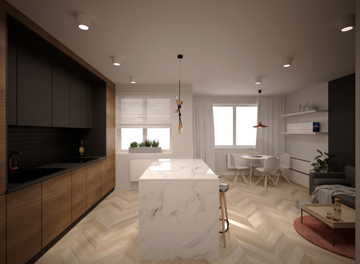 Spora ilość drewna zrównoważyła graficzną tonację wnętrza.