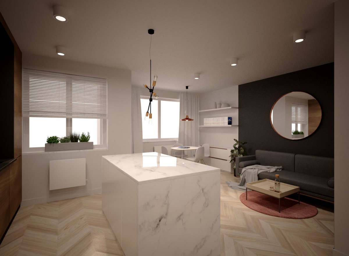 Wyspa jako centralny element wnętrza, jest widoczna już od wejścia.