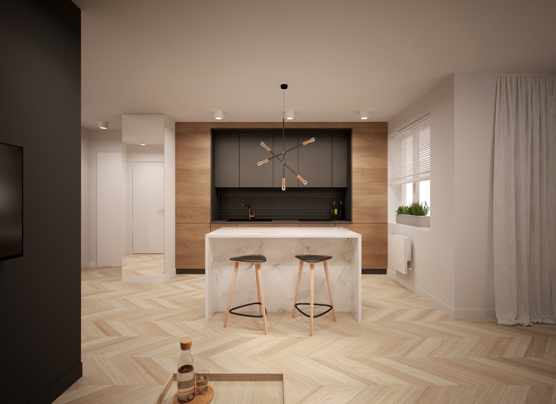 Minimalizm, detal, kontrast. Wyspa jako centralny punkt mieszkania.
