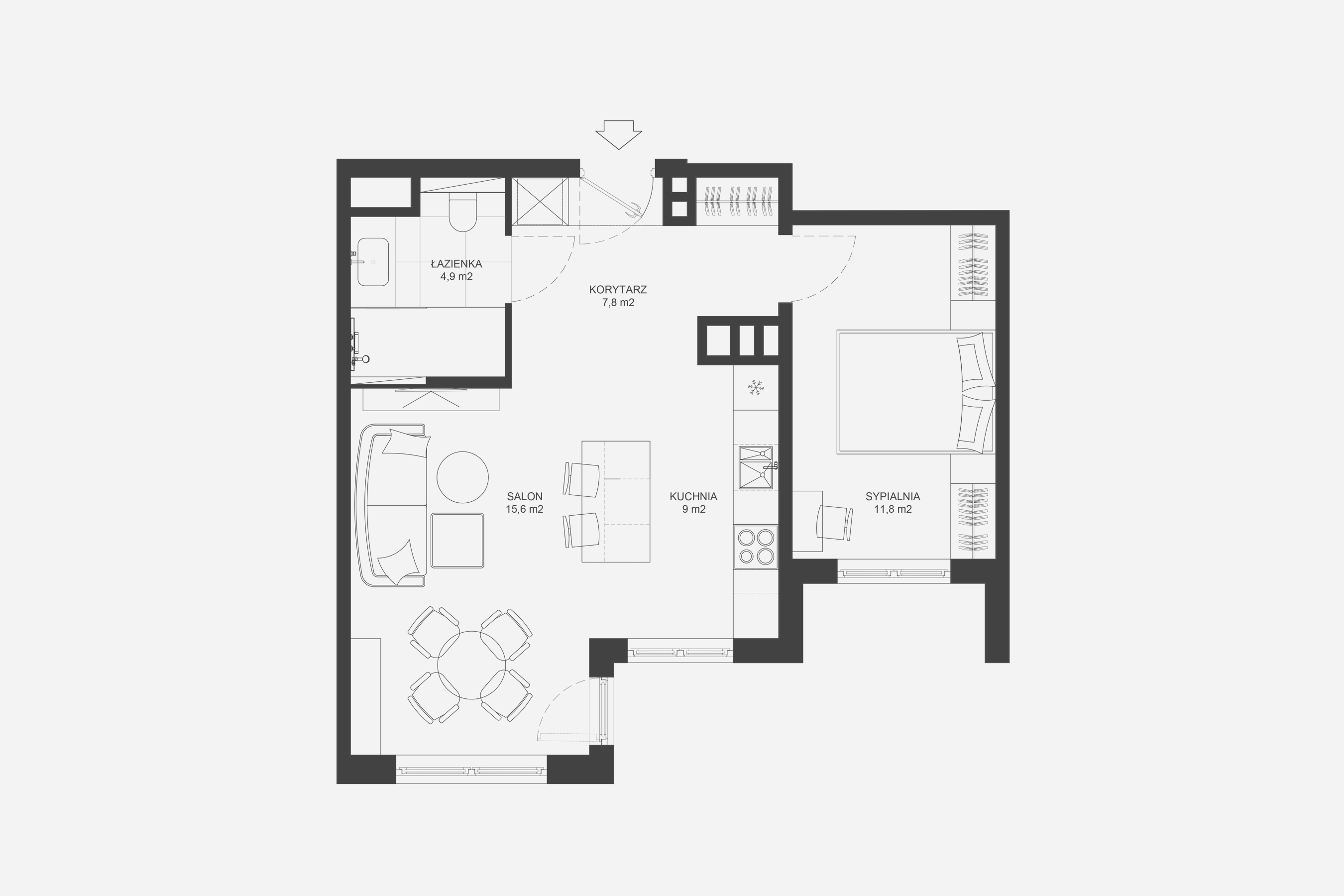 Duże zmiany w układzie ścian, otworzyły przestrzeń w części dziennej i powiększyły łazienkę co sprawiło, że stała się bardziej funkcjonalna. 