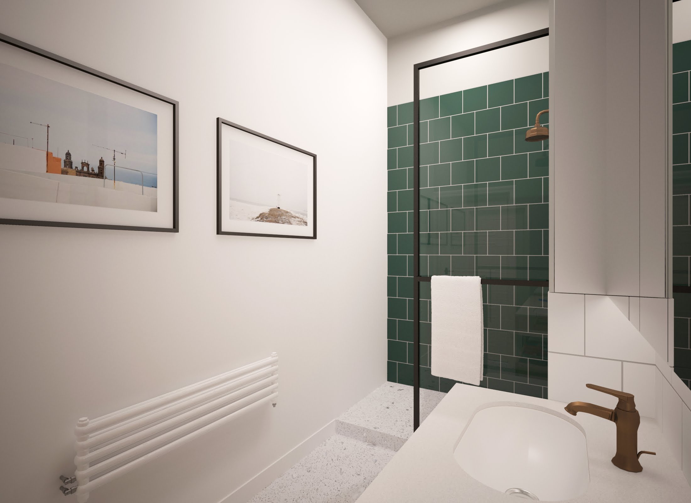 Stylizowany grzejnik i baterie, podkreślają charakter łazienki.