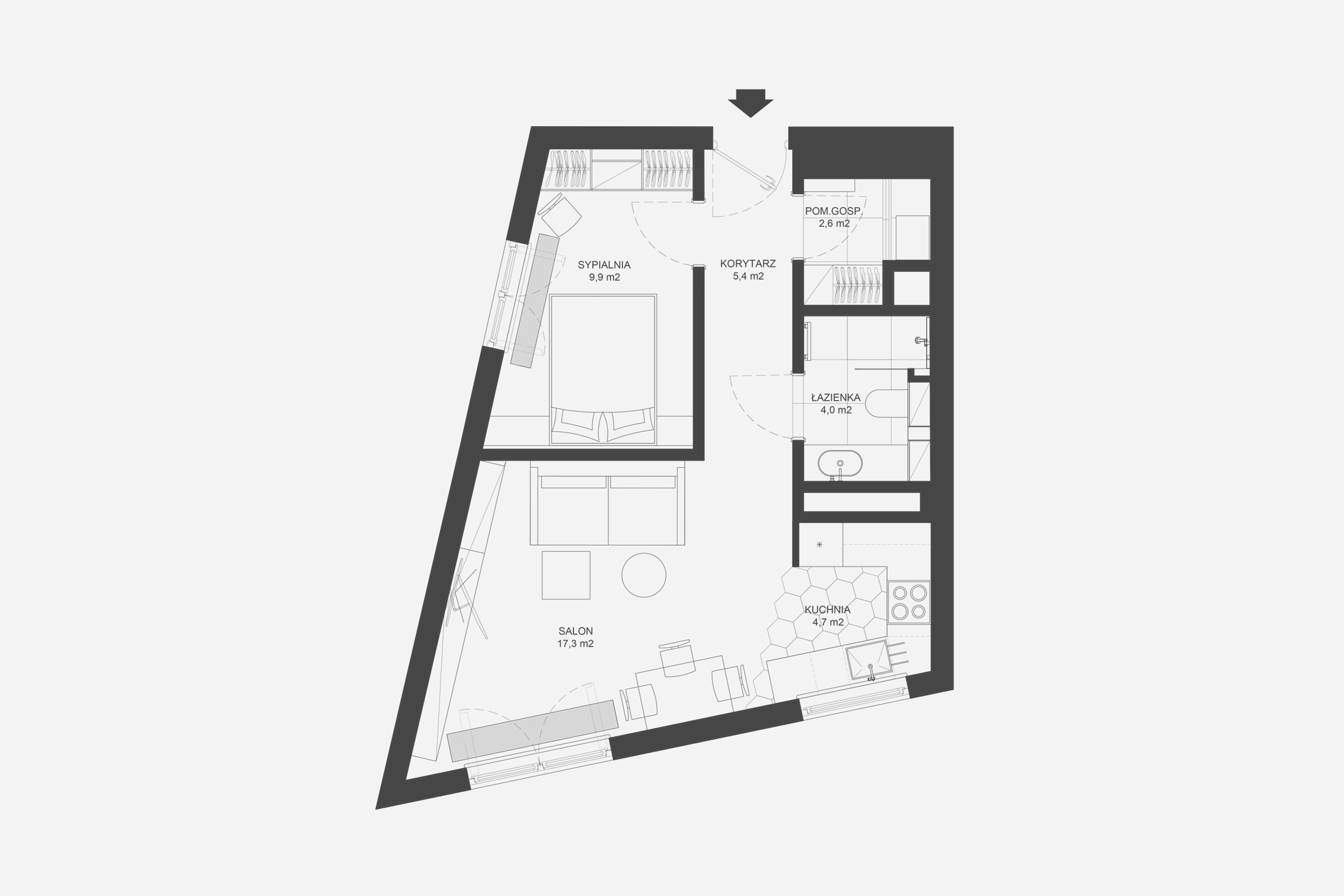 Dynamiczny rzut mieszkania wymagał zastosowania wielu indywidualnych rozwiązań.
