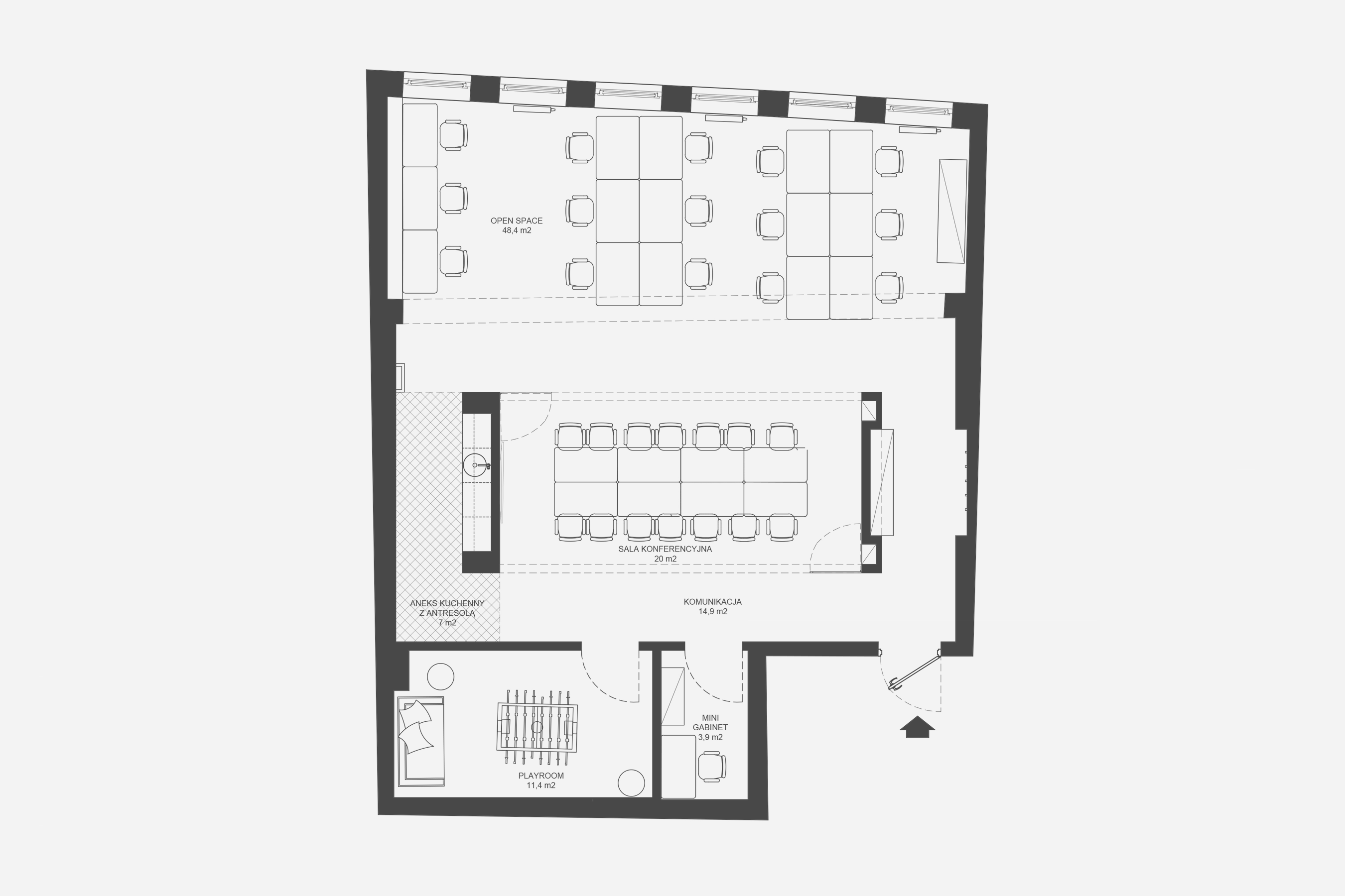 Wyburzenie niemal wszystkich ścian działowych, pozwoliło stworzyć zupełnie nowy układ funkcjonalny, dopasowany do potrzeb użytkowników i charakteru ich pracy